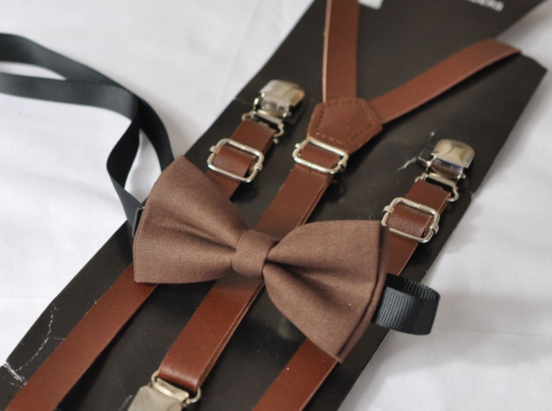 Dark Brown Faux Leather Skinny Adjustable Braces Suspenders 100% Cotton Brown Bowtie Bow Ties for BOY KIDS Baby Infant or Youth Teenage image 2