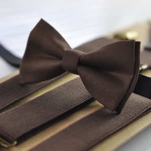 Dark Brown Coffee Chocolate Cotton Bow tie Bowtie + matched Elastic Suspenders Braces for Men / Youth / Boys Kids / Baby Infant Toddler