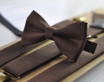 Dark Brown Coffee Chocolate Cotton Bow tie Bowtie + matched Elastic Suspenders Braces for Men / Youth / Boys Kids / Baby Infant Toddler