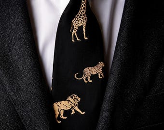 Safari dieren stropdas en bijpassende zwarte bretels leeuw giraf cheetah print stropdas Wildlife stropdas, dierentuin bruiloft stropdas bruidsjonkers cadeau