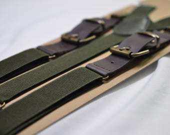 Dark Amy Green and Coffee Faux Leather Adjustabale Suspenders Braces for Men Adult / Youth Teenage / Boy Kids / Infant Toddler Baby