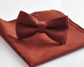 Cinnamon Terracotta Red Brown COTTON Bow tie Bowtie + pocket Square Hanky Handkerchief  Wedding for Men / Youth / Boys Kids / Baby Infant