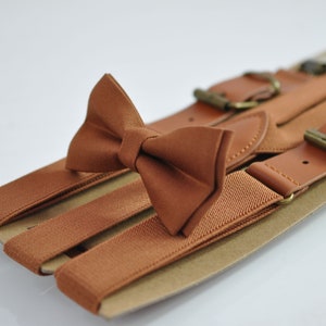 Tan Brown Cotton Bow tie + Matched Elastic Faux Leather Suspenders Braces for Baby infant Toddler / Boy Kids / Youth / Adult Men