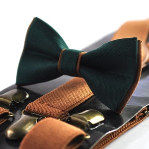 Dark Emerald Green and Tan Brown Bow tie Bowtie + Tan Elastic Suspenders Braces for Men / Youth Teenage/ Boys Kids / Baby Infant Toddler
