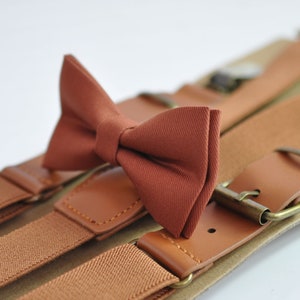 Rusty Rust Redish Brown Cotton Bow tie + Tan Elastic Faux Leather Suspenders Braces for Baby infant Toddler / Boy Kids / Youth / Adult Men