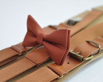 Rusty Rust Redish Brown Cotton Bow tie + Tan Elastic Faux Leather Suspenders Braces for Baby infant Toddler / Boy Kids / Youth / Adult Men