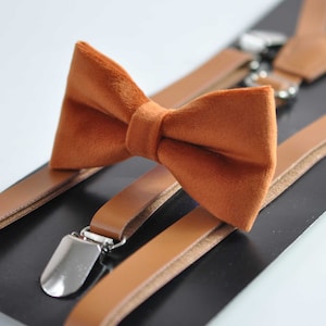 Rusty Rust Brown Velvet Bow tie + Tan Brown Skinny Faux Leather Suspenders braces for Youth Teenage / Boy Kids / infant Toddler Baby