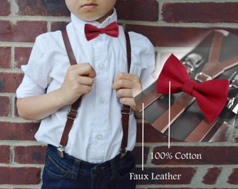 BOY KIDS Baby Bebé Marrón Oscuro Piel sintética Braces Suspenders + 100% Algodón Borgoña Rumba Vino Rojo Bowtie Lazo Fits 1-6 Años