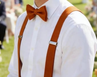 Burnt Orange Linen Bow tie Bowtie + matched Burnt Orange Elastic Suspenders Braces for Men / Youth Teenage/ Boys Kids / Baby Infant Toddler