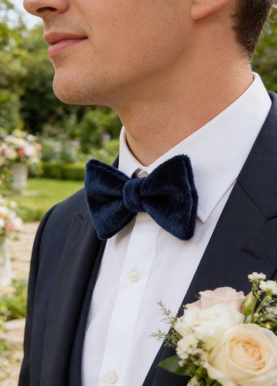Navy Blue Velvet Bow Tie for Men, Boys, Wedding Party Accessory
