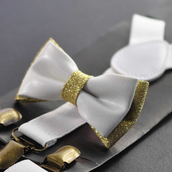 White Gold Faux Leather Bow tie +  Matched Elastic Suspenders Braces Gold Golden Metal Clips Men / Youth  / Kids Boy /Toddler Baby Infant