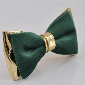 Emerald Green Velvet Gold Leather Bow tie Bowtie pocket Square Hanky Handkerchief Wedding Men / Youth / Boys Kids / Baby Infant Toddler Bow tie only