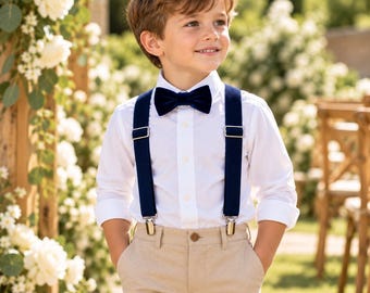 Navy Blue Ring Bearer Outfit , Velvet Bow Tie and Suspenders Set,  Boys Wedding Accessories, Toddler Groomsmen Outfit, Rustic Wedding