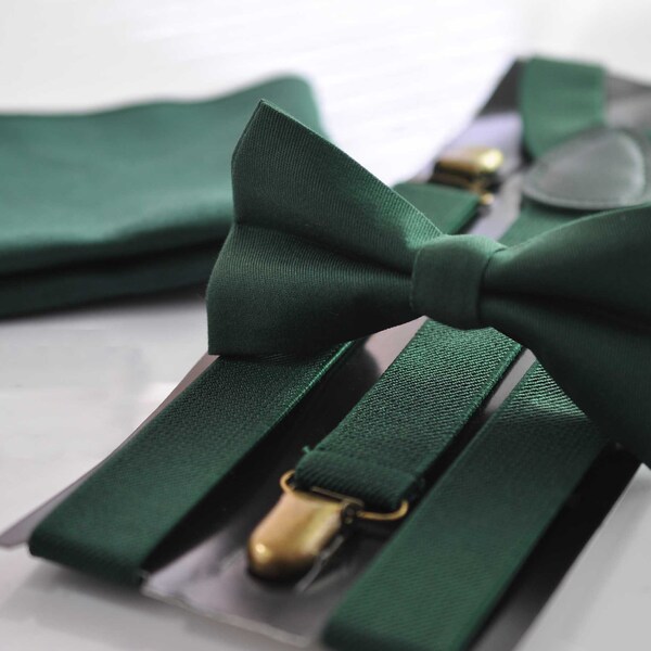 Handmade Emerald Green Bow Tie, Suspenders & Pocket Square Set For Men & Youth - 100% Cotton