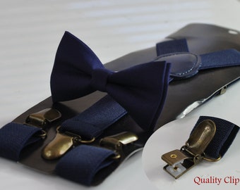 Bowtie junior navy blue cotton bow tie + apparié Elastic Suspenders Braces for Men / Youth Teenage/ Boys Kids / Baby Infant Toddler