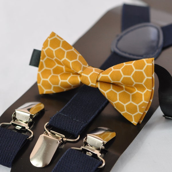 Yellow Bees Honeycomb Honey Comb Print Cotton Bow tie + Navy Blue Elastic Suspenders Braces for Baby infant / Boy Kids / Youth Teenage / Men