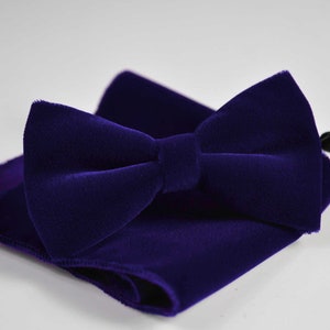 Violet Purple Blue Velvet Bow tie Bowtie + Pocket Square Hanky Handkerchief for Men / Youth Teenage / Boy Kids / Infant Toddler Baby