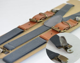 25mm Wide Dark Grey Gray Elastic Tan Faux Leather Adjustabale Suspenders Braces for Men / Youth / Boy Kids / Infant Toddler Baby