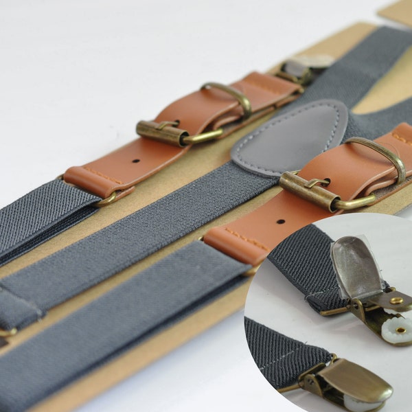 25mm Wide Dark Grey Gray Elastic Tan Faux Leather Adjustabale Suspenders Braces for Men / Youth / Boy Kids / Infant Toddler Baby