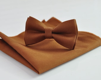 Tan brown Cotton Bow tie Bowtie + pocket Square Hanky Handkerchief  Wedding for Men / Youth / Boys Kids / Baby Infant Toddler