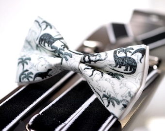 Pajarita de algodón blanca con diseño de dinosaurio negro y tirantes blancos y negros para hombres, jóvenes, adolescentes, niños, bebés, niños pequeños