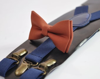 Rust Rusty Redish Brown Cotton Bow tie Bowtie + Navy Blue Elastic Suspenders Braces for Men / Youth Teenage/ Boys Kids / Baby Infant Toddler