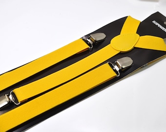 Bright Yellow 25MM Elastic Y-Back Suspenders Braces Quality Silver Clips Men Adult / Youth Teenage/ Kids Boy /Toddler Baby Infant