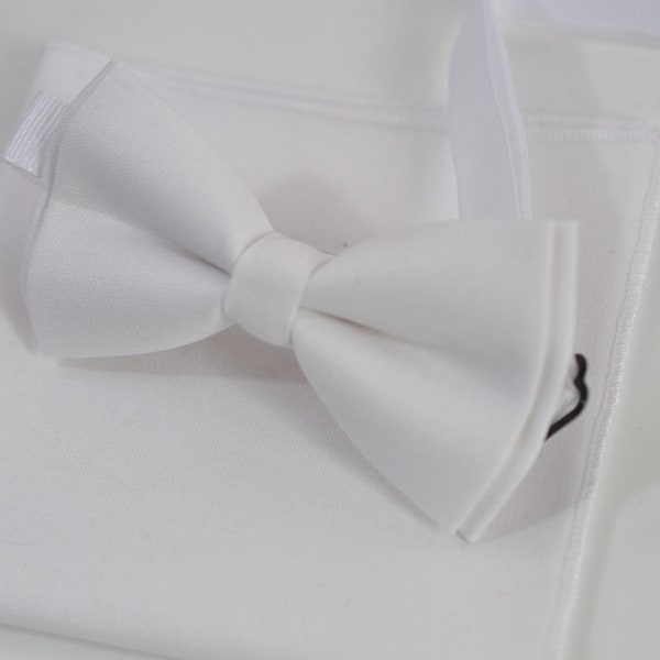 White 100% Cotton Bow tie Bowtie + matched pocket Square Hanky Handkerchief for Men / Youth / Boy Kids / Baby Infant Toddler