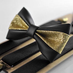 Black Gold Golden Faux Leather Bow tie +  matched Elastic Suspenders Braces  Men / Youth  / Kids Boy /Toddler Baby Infant
