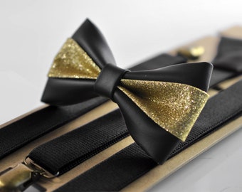 Schwarz Gold Goldene Kunstleder Schleife + passende elastische Hosenträger Hosenträger Herren / Jugend / Kinder Junge / Kleinkind Baby Säugling