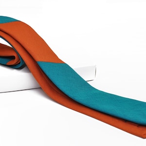 Turquoise Teal Blue and Burnt Orange Dual Color Skinny Linen Hand Made Necktie Neck Tie for Wedding Party Prom