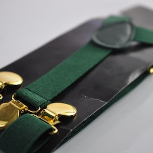 Dark Bottle Emerald Green  25MM Elastic Y-Back Suspenders Braces Round Gold Golden Metal Clip Men / Youth  / Kids Boy /Toddler Baby Infant