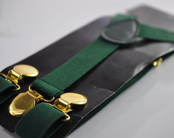 Dark Bottle Emerald Green  25MM Elastic Y-Back Suspenders Braces Round Gold Golden Metal Clip Men / Youth  / Kids Boy /Toddler Baby Infant