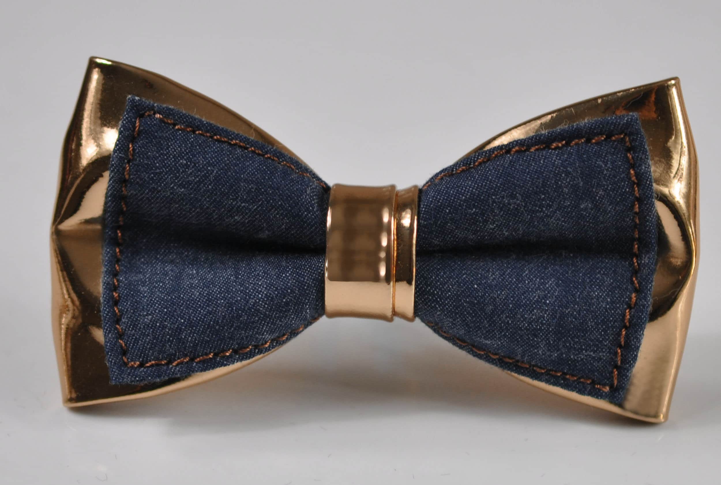 Navy Blue Denim + Rose Gold Golden Faux Leather 2 Layers Bow
