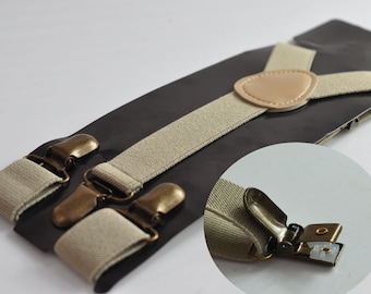 Pale Brown Beige Khaki 25MM Elastic Y-Back Suspenders Braces Bronze Metal Clips for Men Adult / Youth / Kids Boy /Toddler Baby Infant