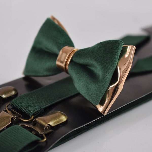 Emerald Green Hunter Green Velvet Rose Gold Leather Bow tie  + Green Elastic Suspenders Braces Men / Youth / Boys Kids / Baby Infant Toddler