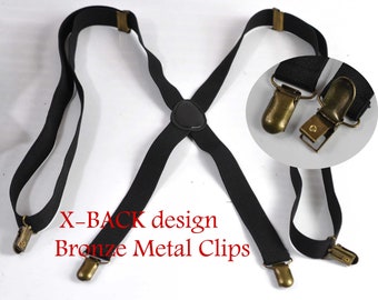 Men Women Black 25mm 2.5cm Wide X-Back 4 Bronze Metal Clips Pants Adjustable Elastic Suspenders Braces Fits Height 150cm to 210cm