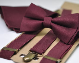 Burgundy Bow Tie Suspenders Set, Wine Red Groomsmen Accessories, Marsala Wedding Bow Tie, Pocket Square, Groom Ring Bearer Set