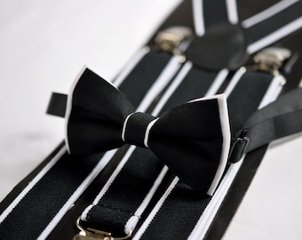 Nœud papillon en coton noir et blanc + bretelles élastiques assorties Ensembles accolades pour bébé / Enfants garçon / Adolescent / Hommes Adultes