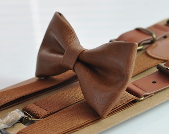 Toffee Brown Faux Leather Bow tie + Matched Elastic Leather Suspenders Braces for Baby infant Toddler / Boy Kids / Youth Teenage / Men