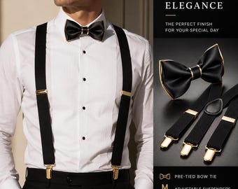 Black Gold Bow Tie Black Suspenders Set for Men, Gold Clip Suspenders, Wedding Groom Outfit, Groomsmen Gift, Ring Bearer, Formal Accessories