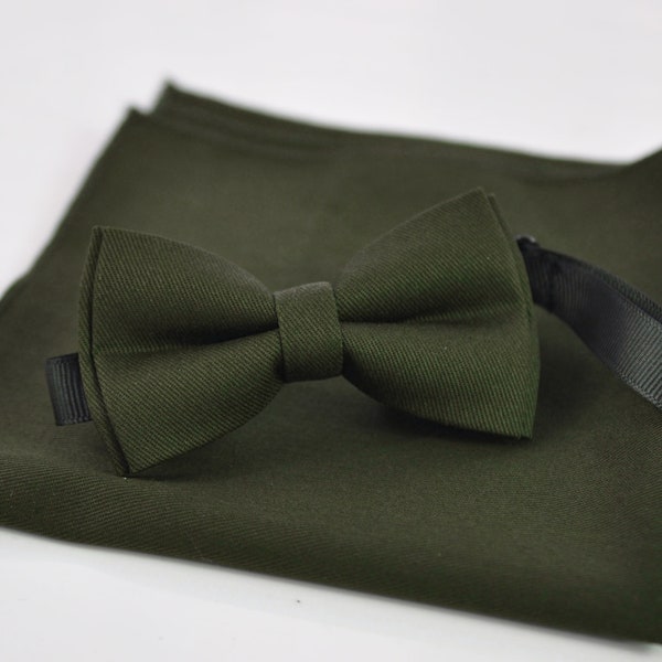 Olive Green Army Green COTTON Bow tie Bowtie + matched pocket Square Hanky Handkerchief  Wedding for Men / Youth / Boys Kids / Baby Infant