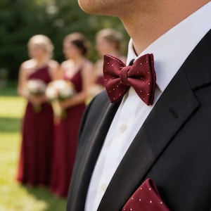 Mens Wine Red Burgundy Dark Red Yarn-dyed Polyester Silk Bow Tie and Pocket Square Hanky Handkerchief Dots Pattern for Wedding Party