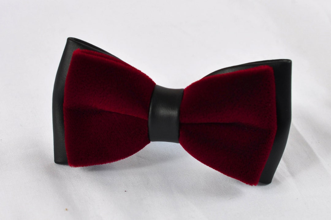 Burgundy Wine Red Velvet Black Faux Leather 2 Layers Bow Tie - Etsy