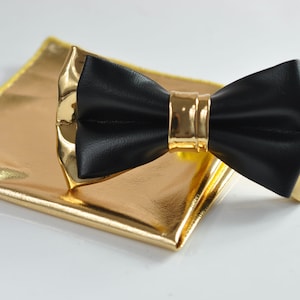 Black Gold Faux Leather Bow tie + Matched Gold Soft Leather Look Pocket Square Formal Hanky Handkerchief Men Women Unisex