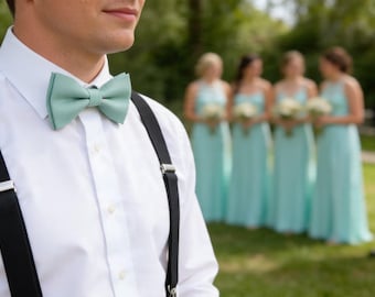 Sage Green Cotton Bow tie + Black Elastic Suspenders Braces for Men Adult / Youth Teenage / Boy Kids / Baby Infant Toddler Wedding Prom