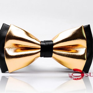 Mens PVC Faux Leather Gold Golden Black Shining Bow Tie Bowties Wedding Party