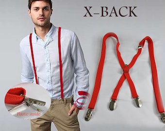 Men Women Unisex Red Adjustable Skinny 15mm 1.5cm Wide X-Back 4 Clips Pants Elastic Suspenders Braces Fits Height 110cm to 190cm