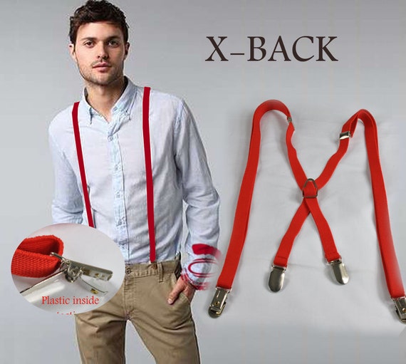 Clip-on Braces Elastic X Suspenders Red