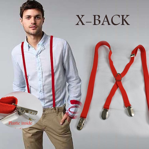 Men Women Unisex Red Adjustable Skinny 15mm 1.5cm Wide X-Back 4 Clips Pants Elastic Suspenders Braces Fits Height 110cm to 190cm
